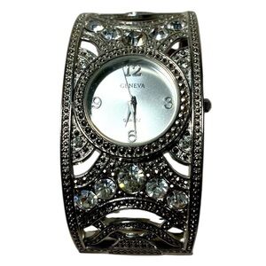 Geneva Woman's Silver Toned Cuff Bracelet W/  Rhinestones. Victorian look.